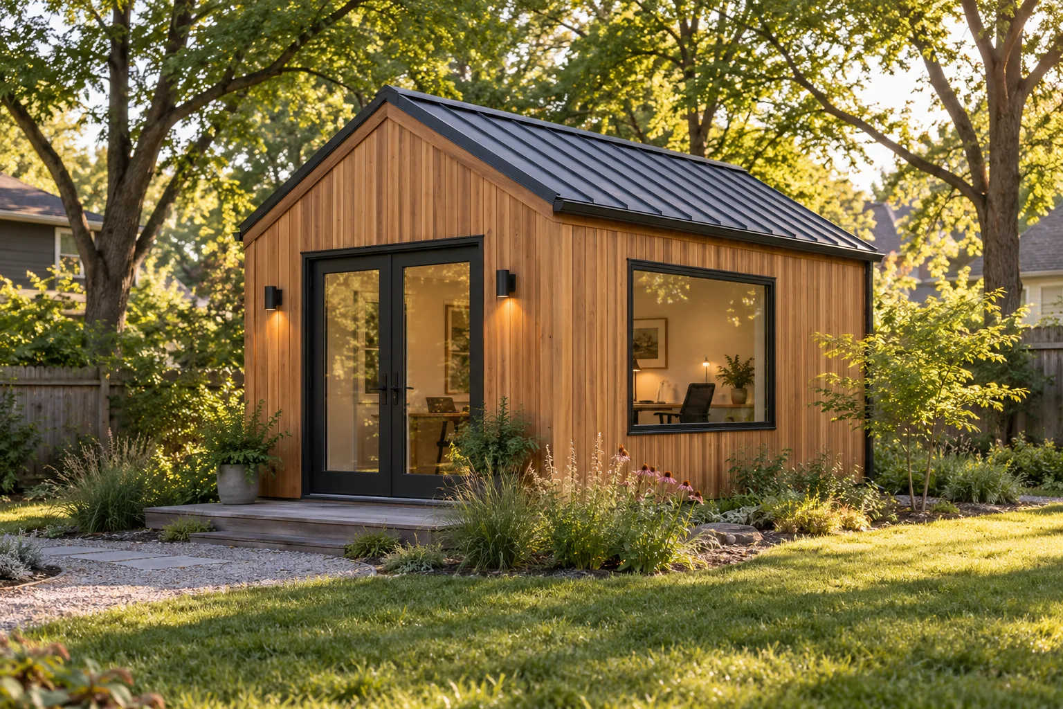 Conceptual cedar backyard office in a leafy residential garden